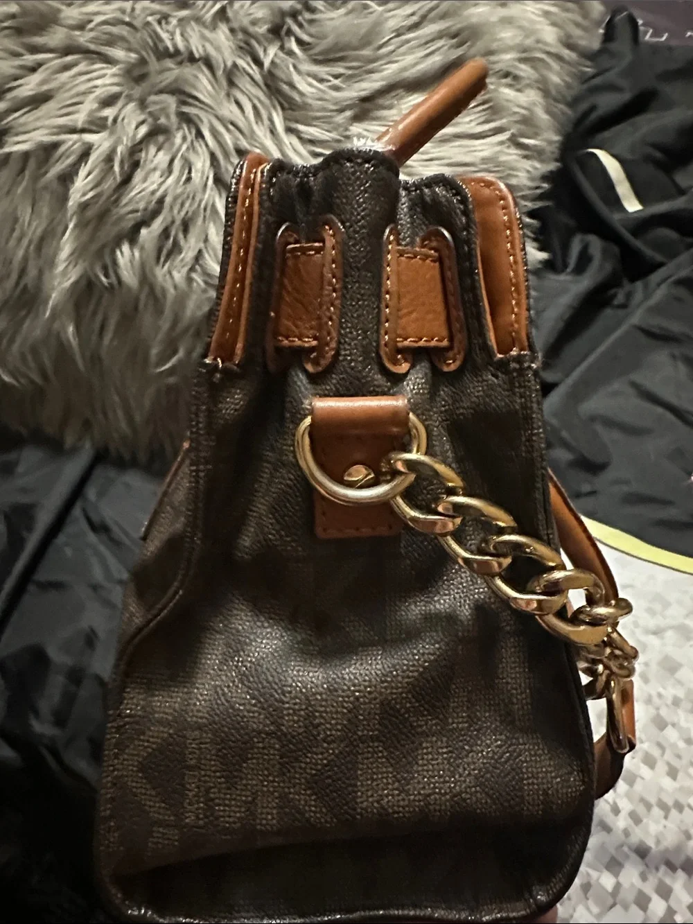 Michael Kors Brown & Cognac Logo Satchel with Gold Hardware
